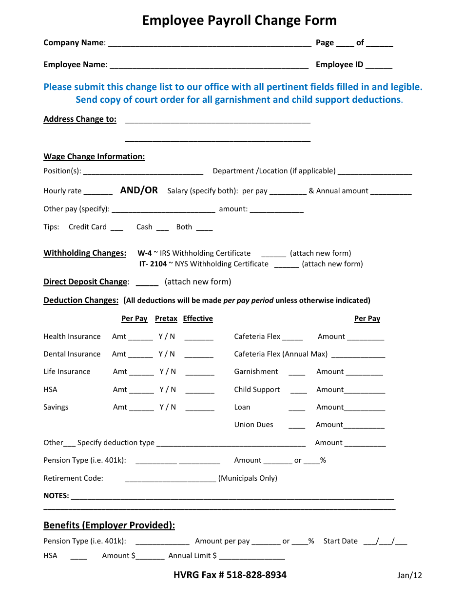 Employee Payroll Change Form - Hvrg, Page 1