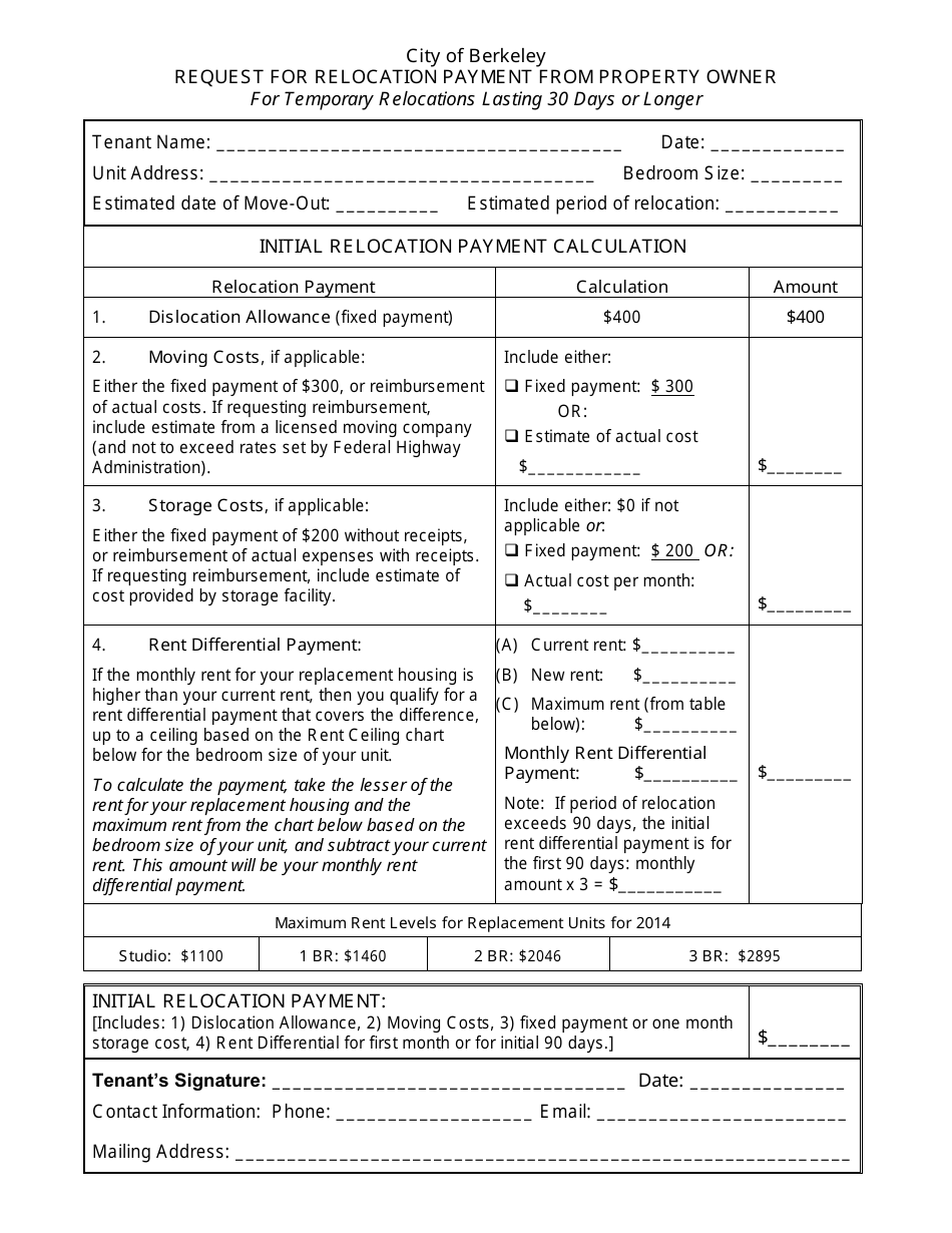 Request for Relocation Payment From Property Owner Form - Berkeley, California, Page 1