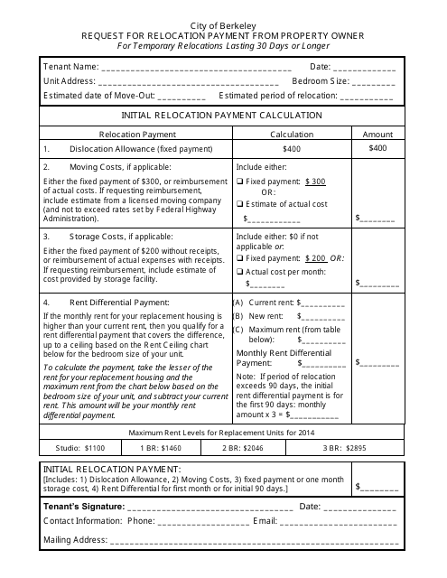 Request for Relocation Payment From Property Owner Form - Berkeley, California
