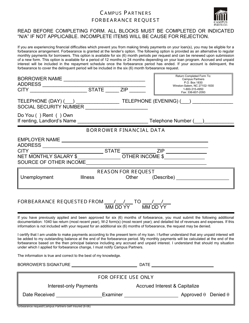 Forbearance Request Form - Campus Partners, Page 1