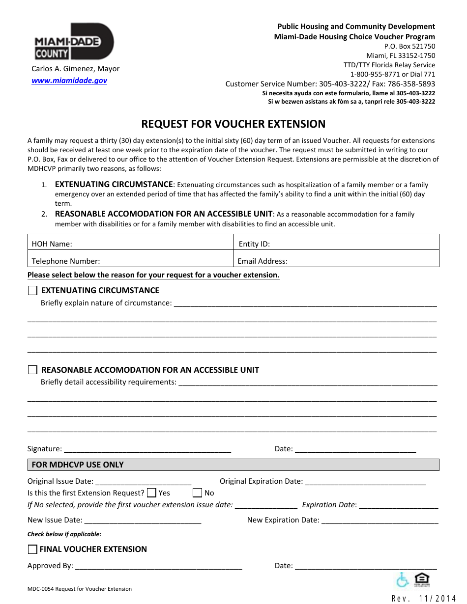 Form MDC-0054 Request for Voucher Extension - Miami-Dade County, Florida, Page 1