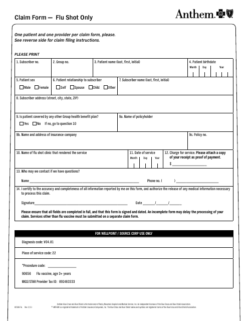 Form 82160-Flu Download Printable PDF, Claim Form - Flu ...