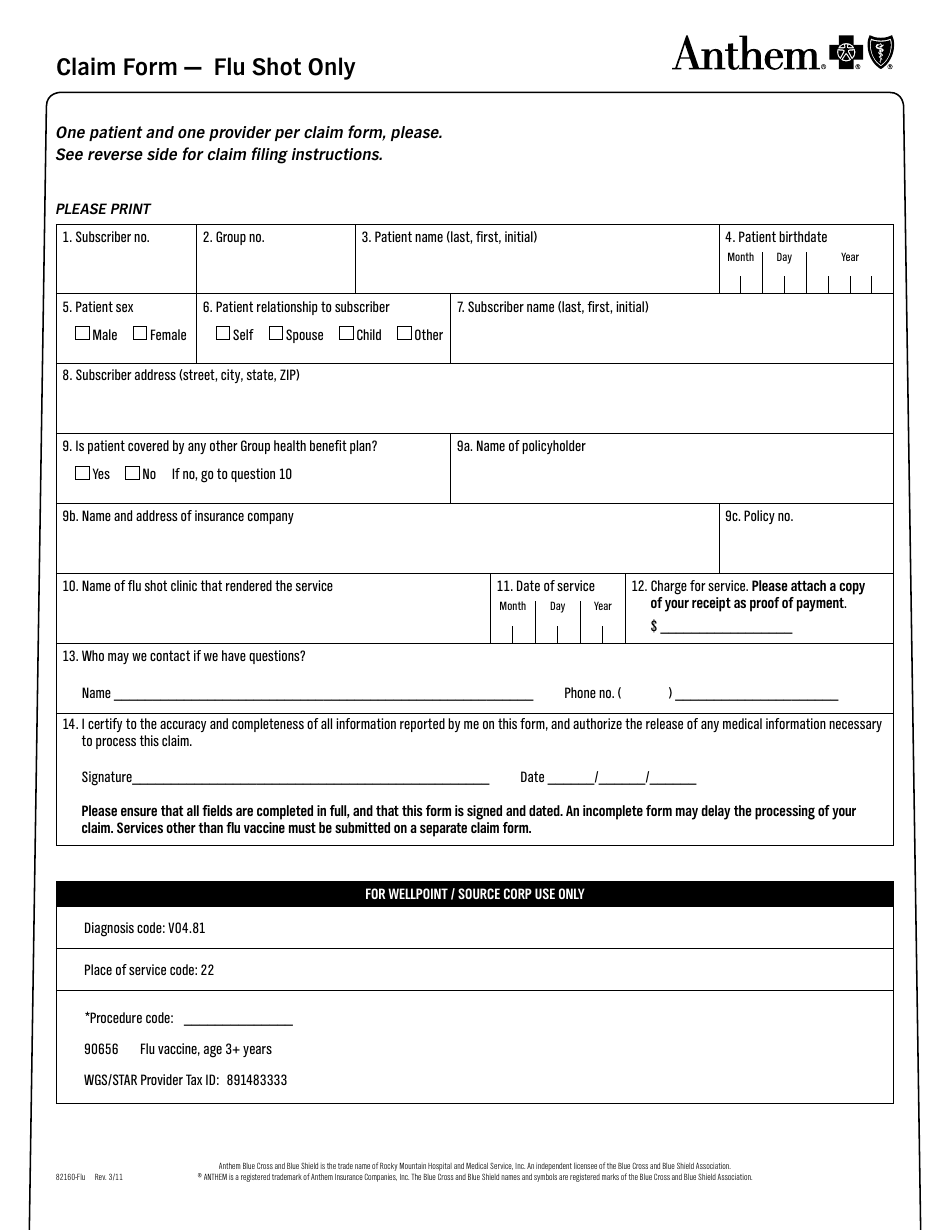 Form 82160-Flu Claim Form - Flu Shot Only - Blue Cross and Blue Shield, Page 1