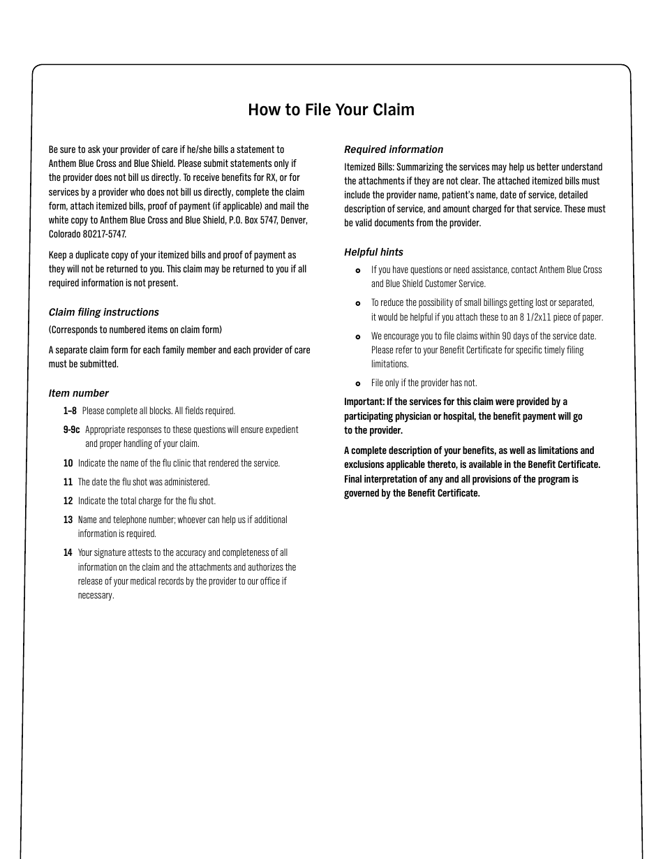 Form 82160-Flu Claim Form - Flu Shot Only - Blue Cross and Blue Shield, Page 2