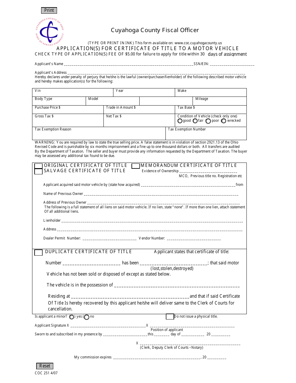 Application for Certificate of Title for Motor Vehicle - Cuyahoga county, Ohio, Page 1
