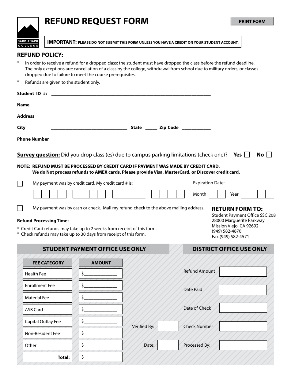 Refund Request Form - Saddleback College - California, Page 1
