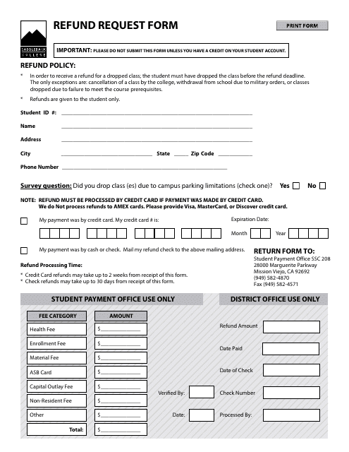 California Refund Request Form Saddleback College Fill Out Sign 