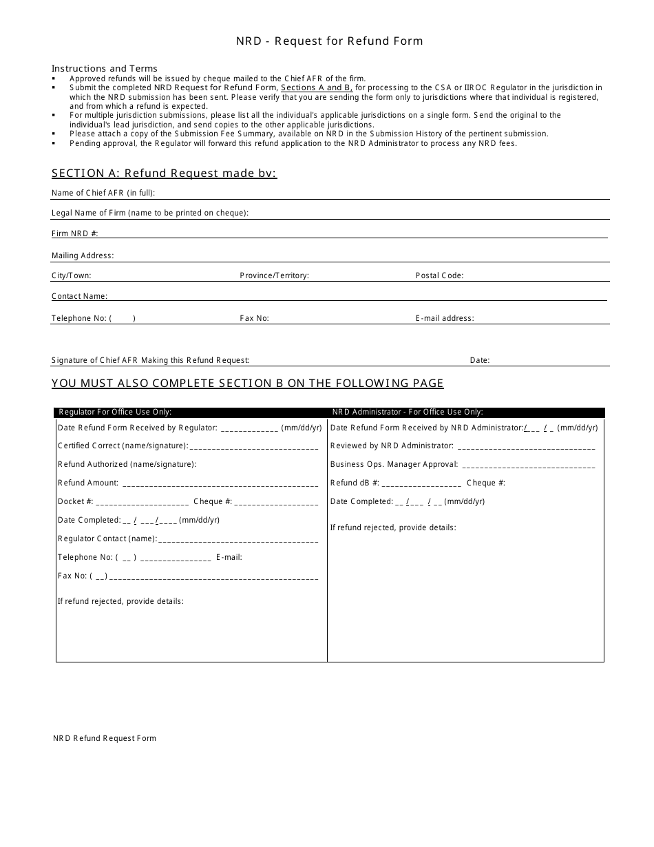 Request for Refund Form - Nrd - California, Page 1
