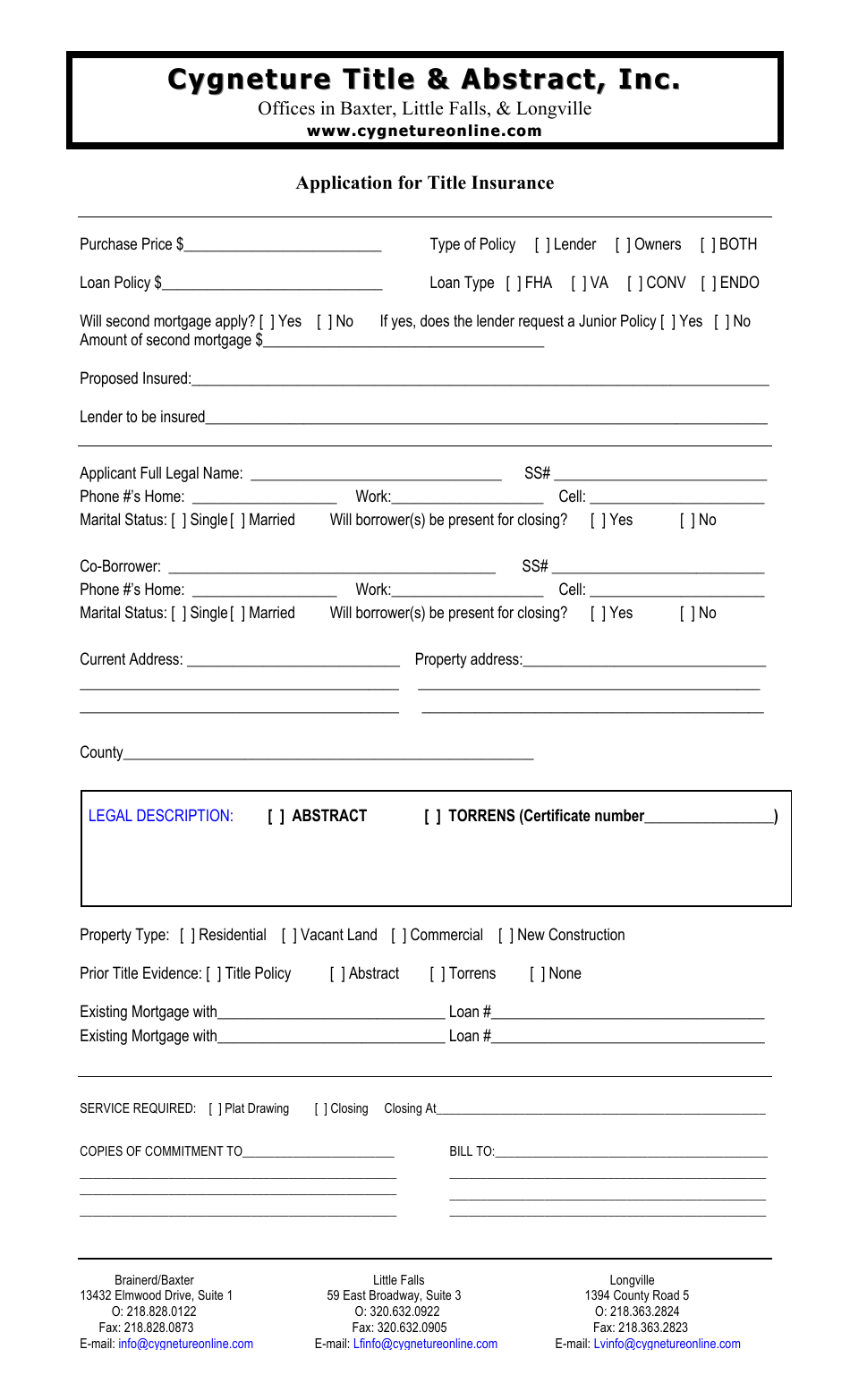Title Insurance Application Form - Cygneture Title  Abstract, Inc., Page 1