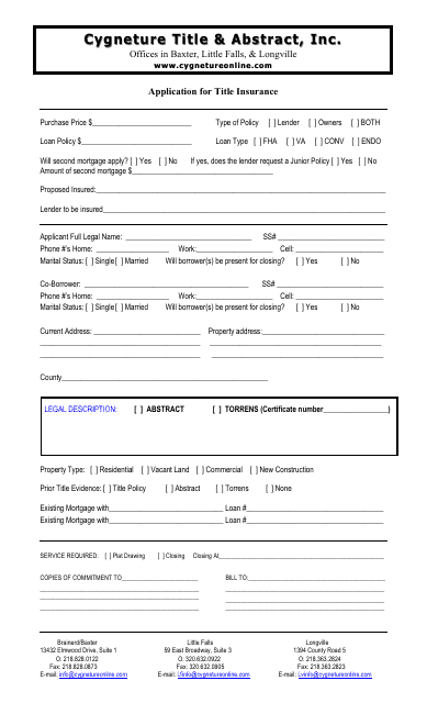 Title Insurance Application Form - Cygneture Title & Abstract, Inc. Download Pdf
