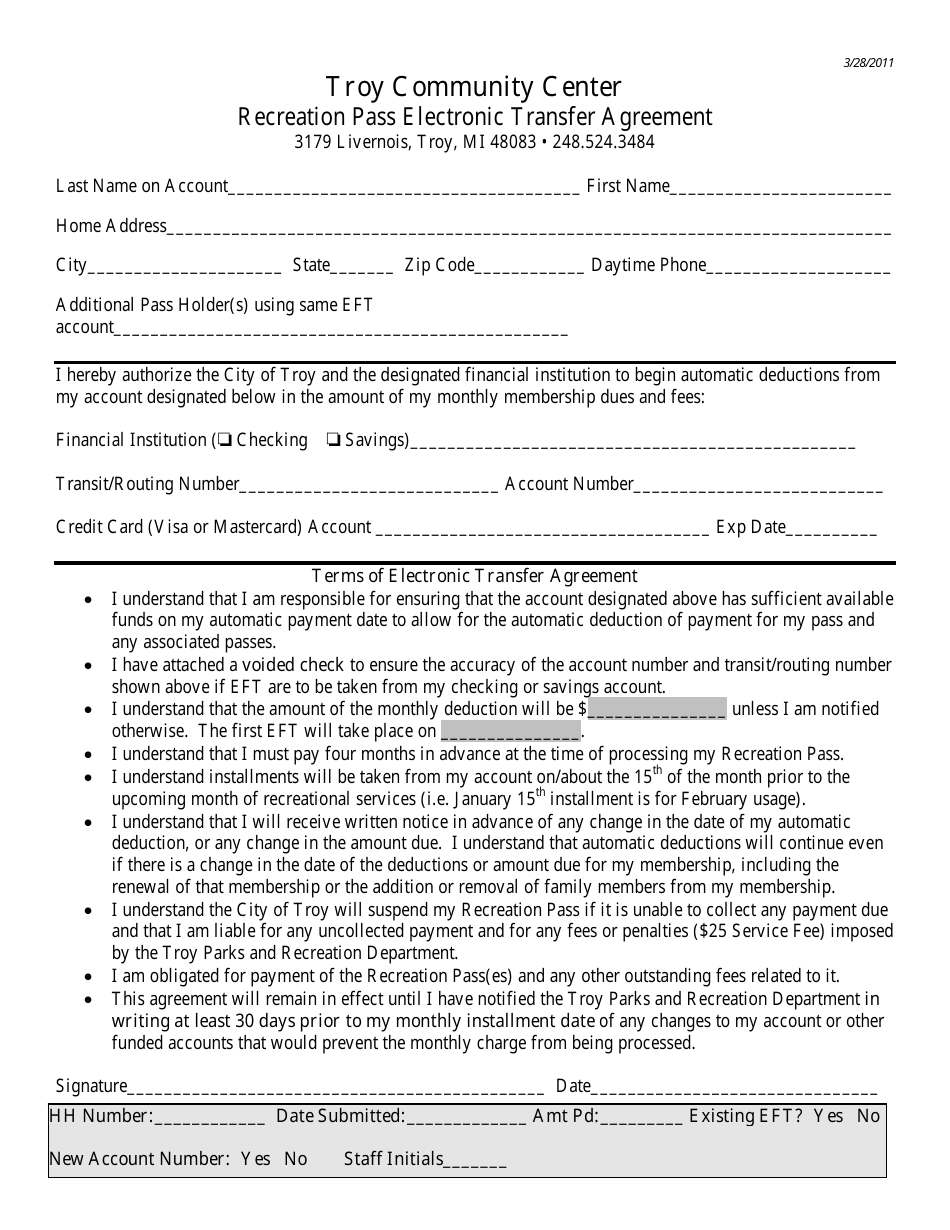 Recreation Pass Electronic Transfer Agreement Form - City of Troy, Michigan, Page 1