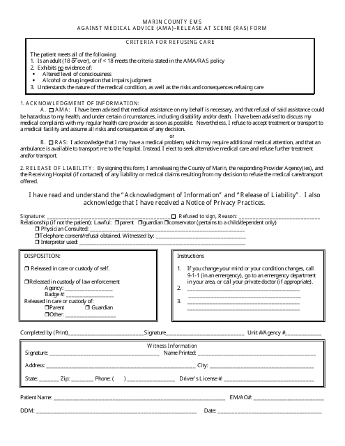 Marin County California Against Medical Advice Form Download