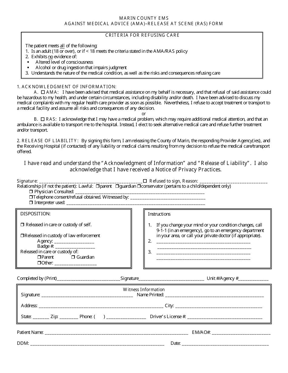 Against Medical Advice Form - Marin County, California, Page 1