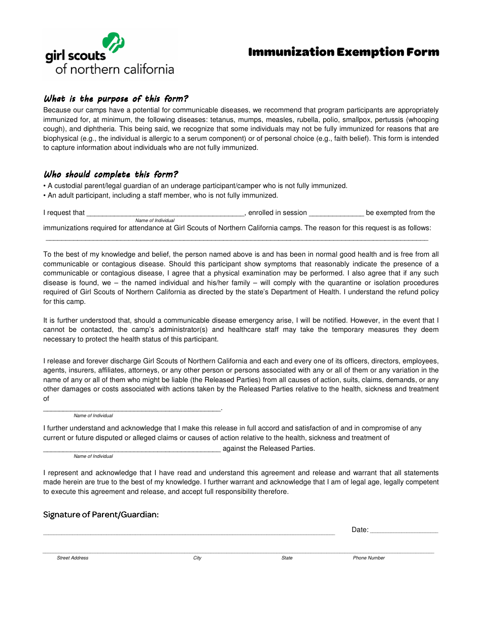 Immunization Exemption Form - Girl Scouts of Northern California - California, Page 1