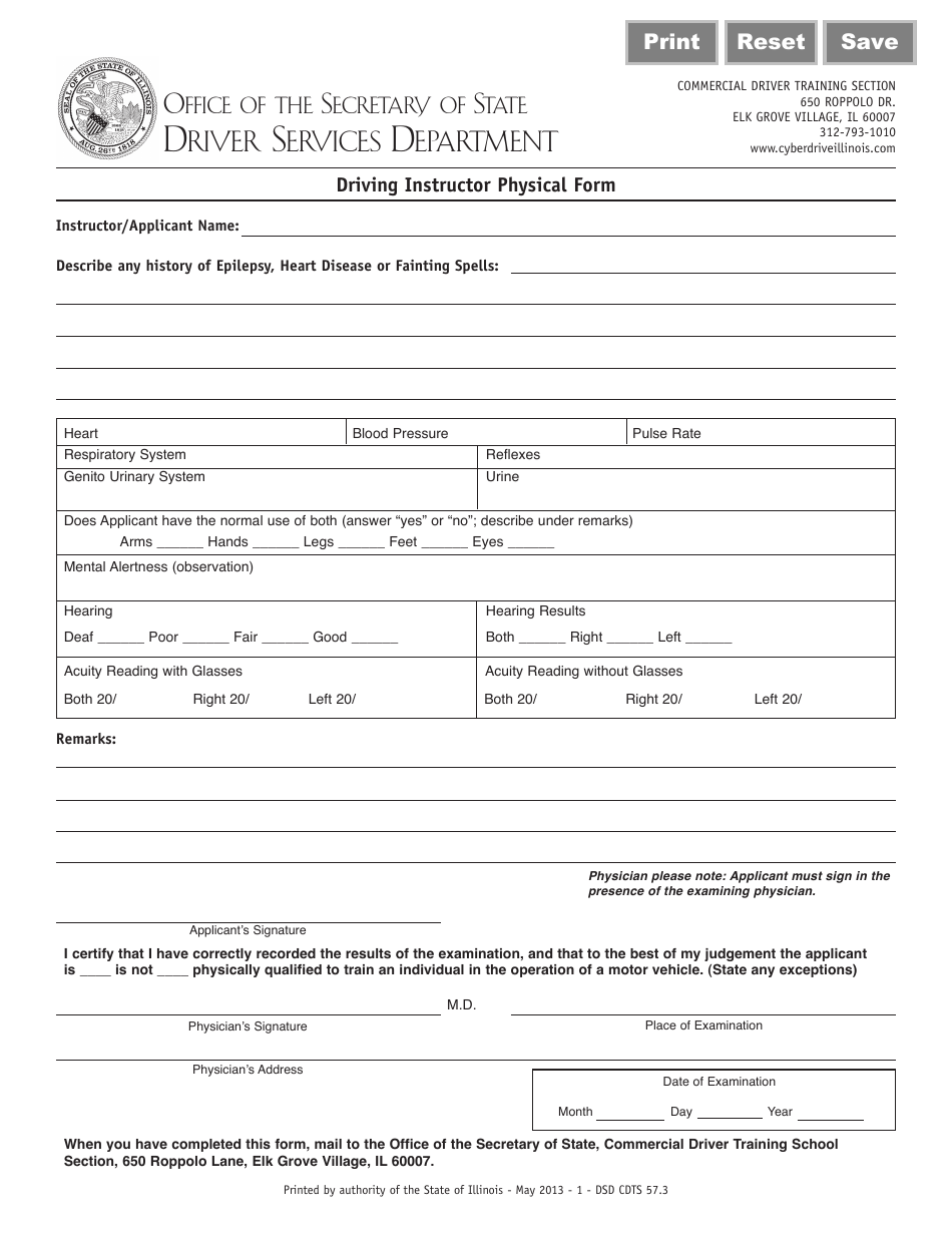 Form 57.3 Driving Instructor Physical Form - Illinois, Page 1