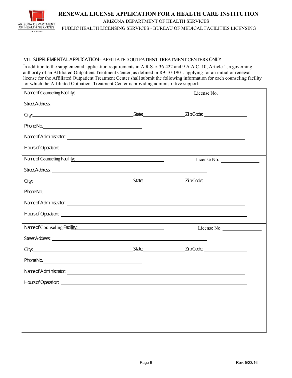 Renewal License Application for a Health Care Institution - Arizona, Page 6