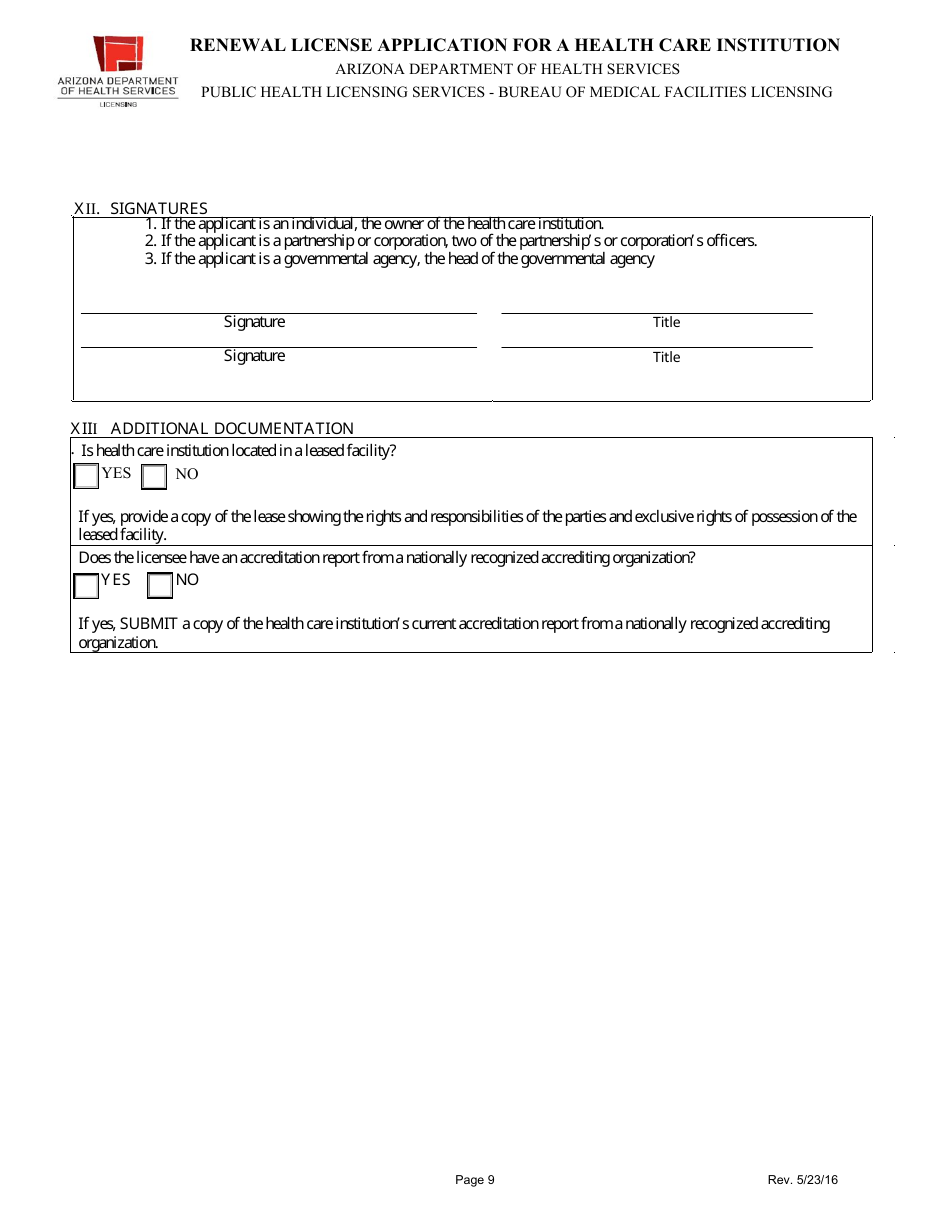 Renewal License Application for a Health Care Institution - Arizona, Page 9