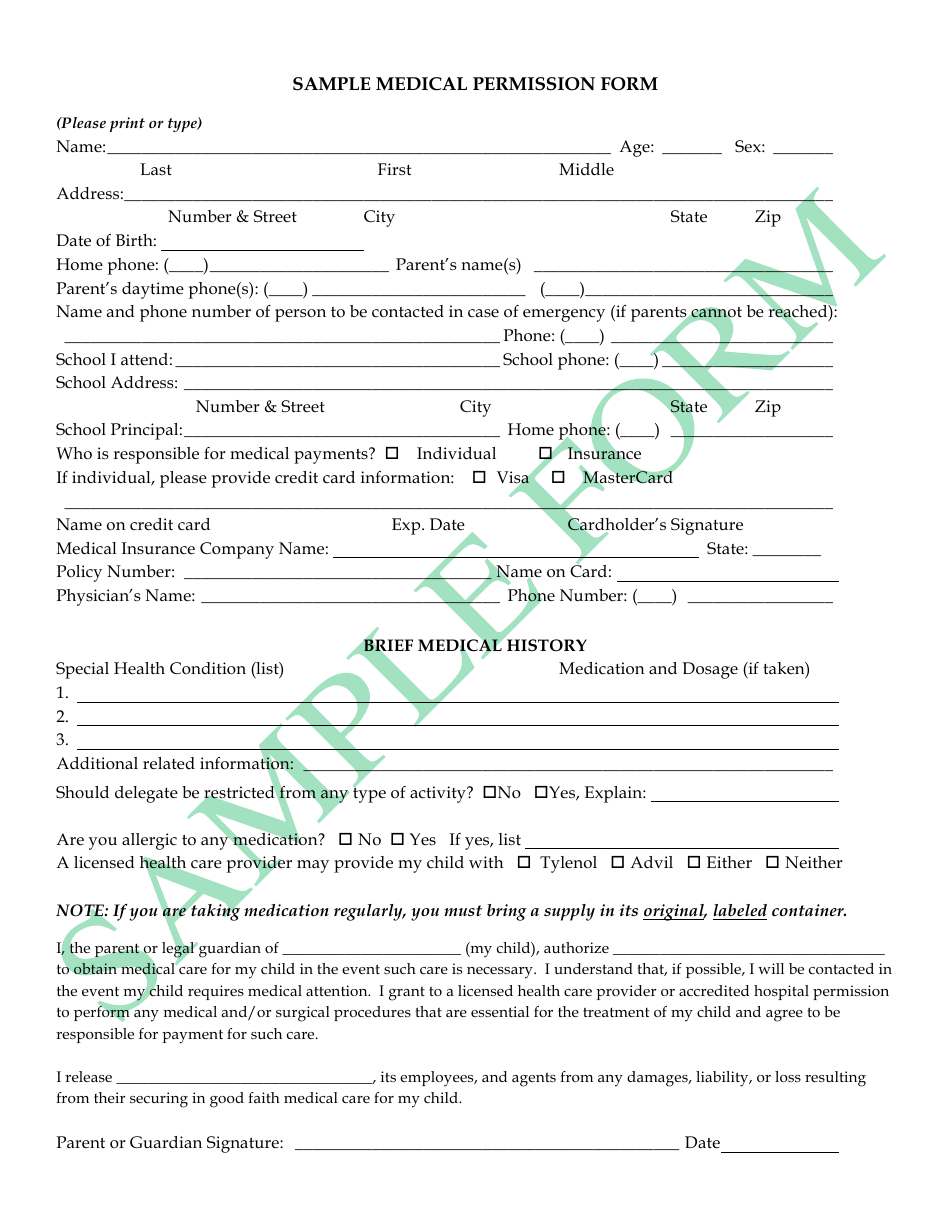 Sample Medical Permission Form, Page 1