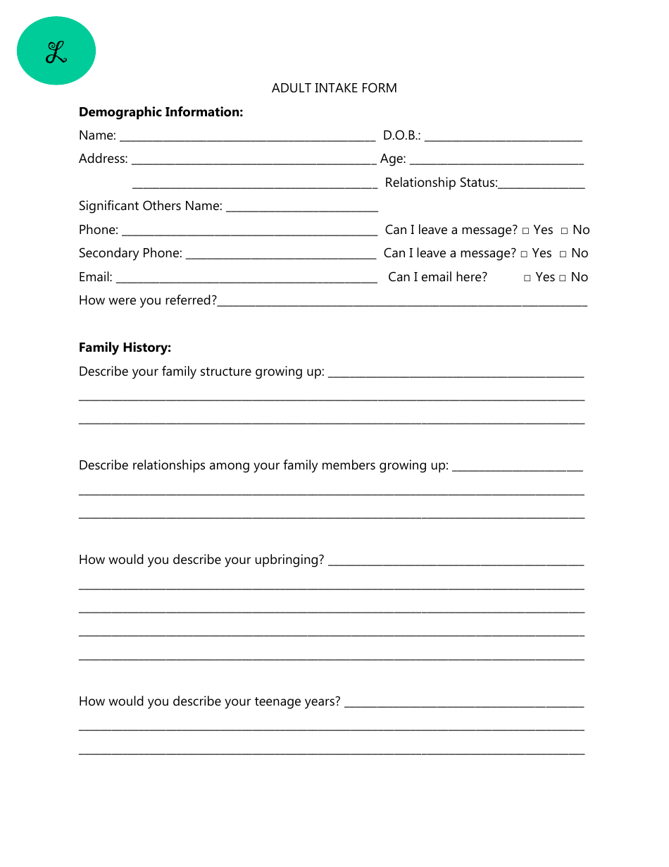 Adult Intake Form, Page 1