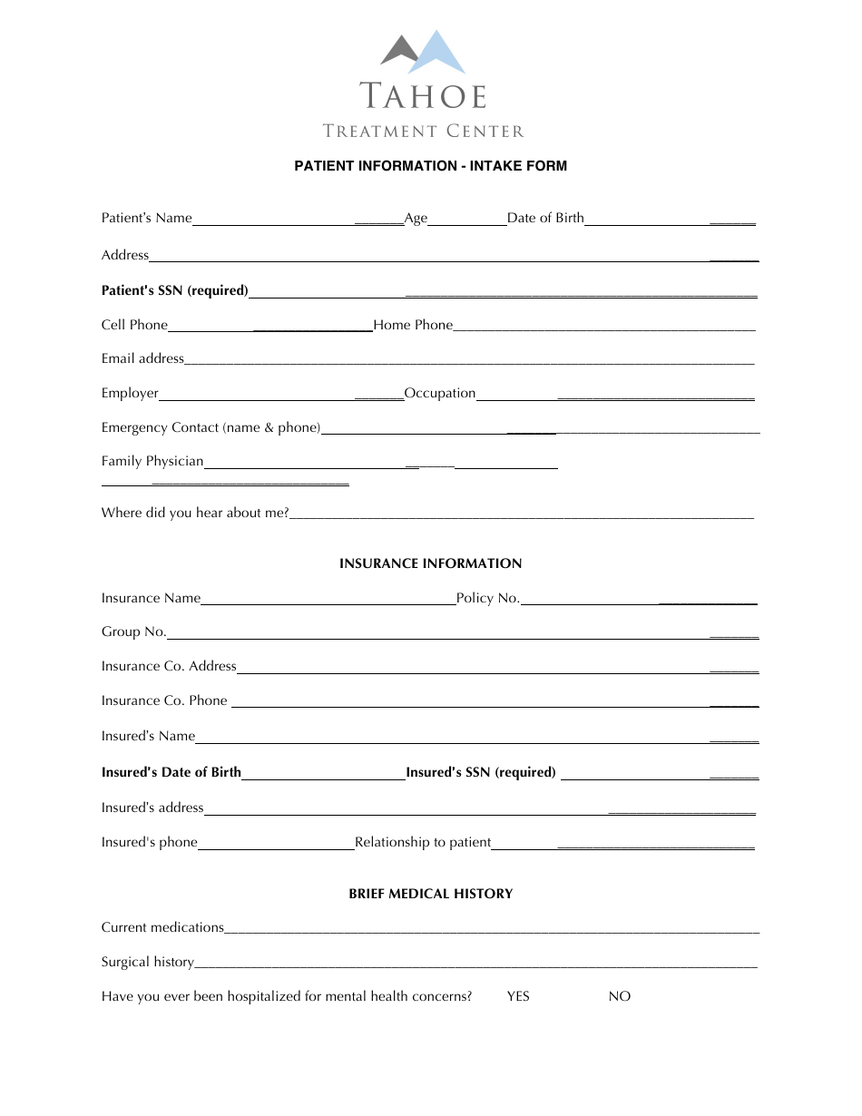 Patient Information Intake Form - Tahoe Treatment Center, Page 1