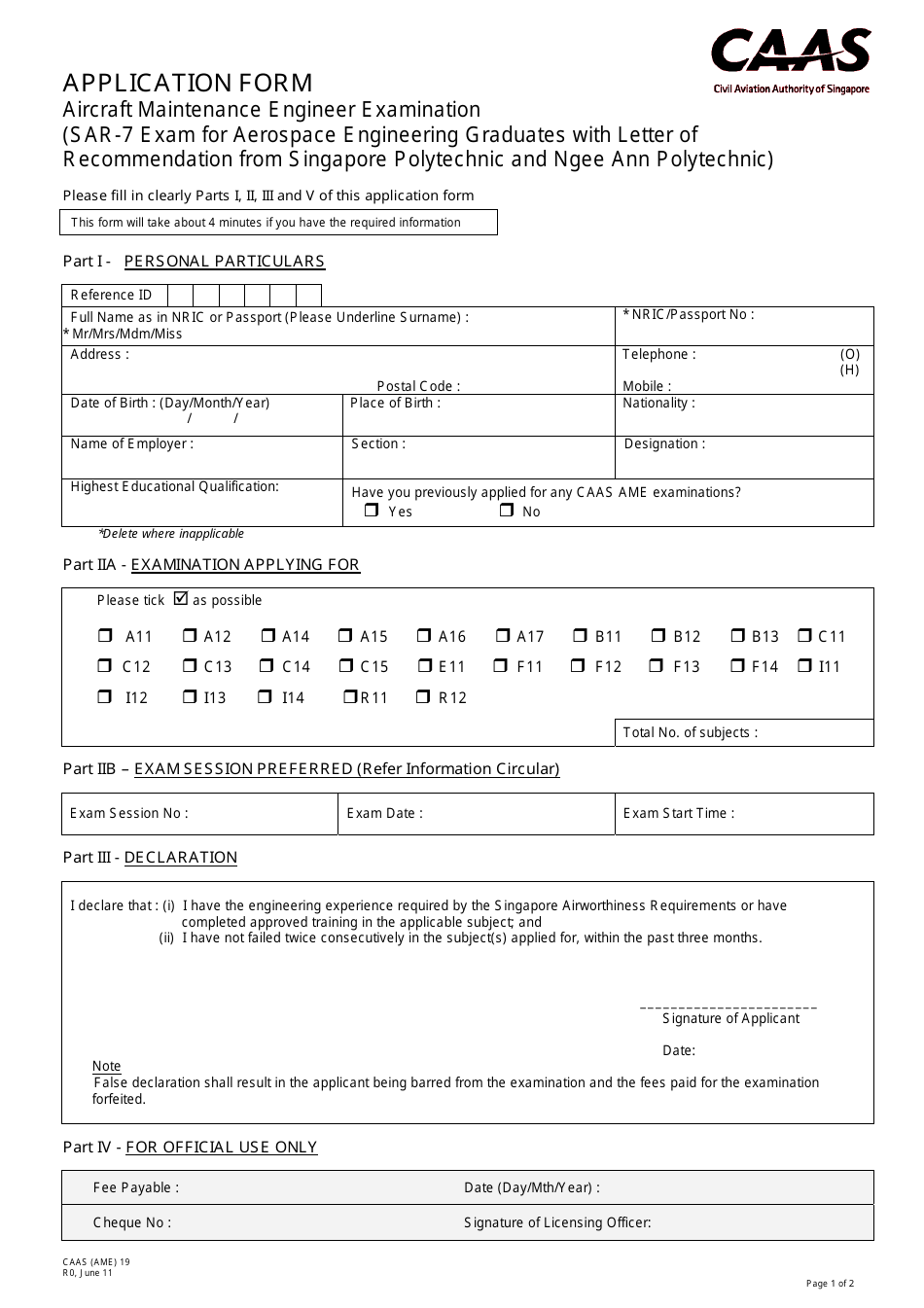 Form CAAS (AME)19 Application Form for Aircraft Maintenance Engineer Examination - Singapore, Page 1