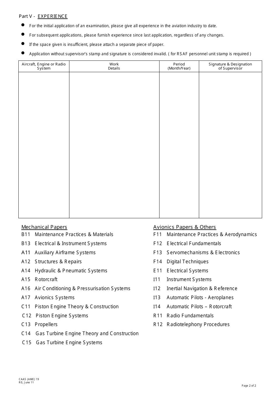 Form CAAS (AME)19 Application Form for Aircraft Maintenance Engineer Examination - Singapore, Page 2