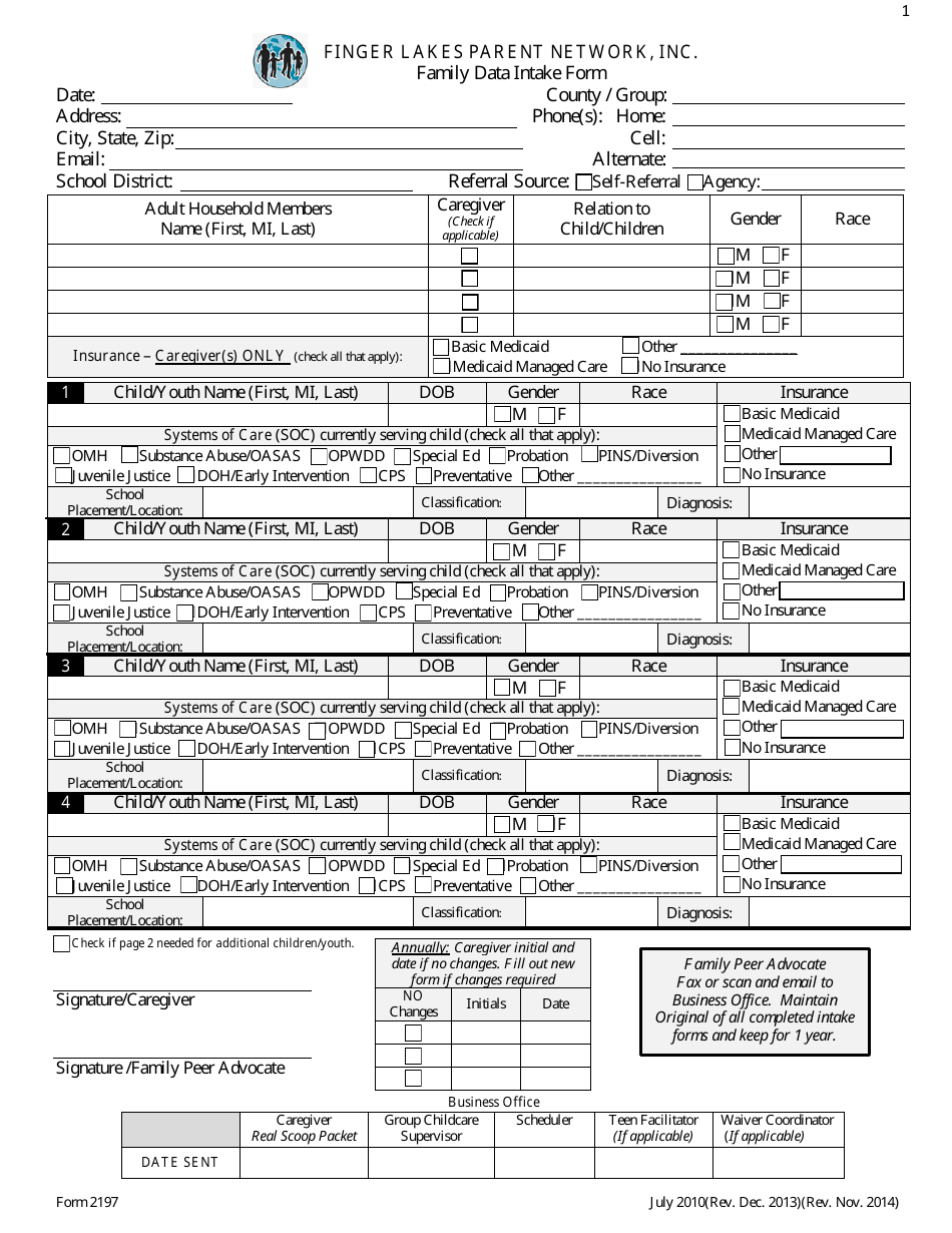 Family Data Intake Form - Finger Lakes Parent Network, Inc, Page 1