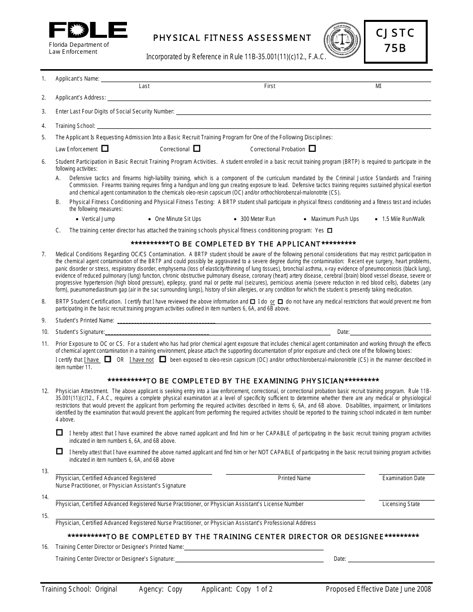 Form CJSTC75B Physical Fitness Assessment - Florida, Page 1