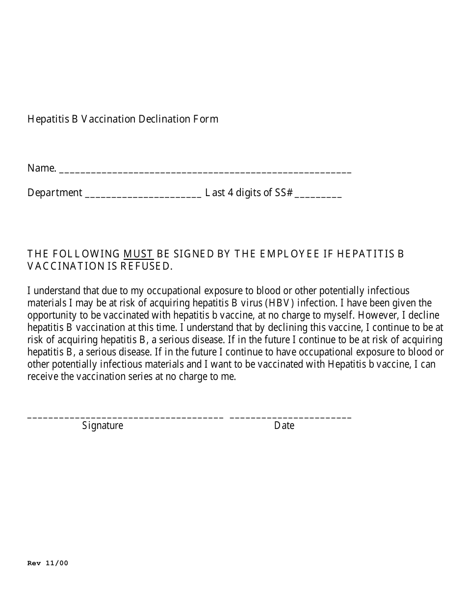 Hepatitis B Vaccination Declination Form Download Printable PDF 
