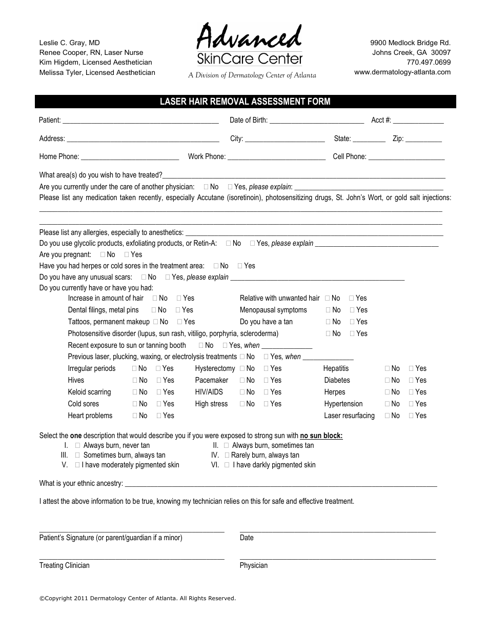 Laser Hair Removal Assessment Form - Advanced Skincare Center, Page 1
