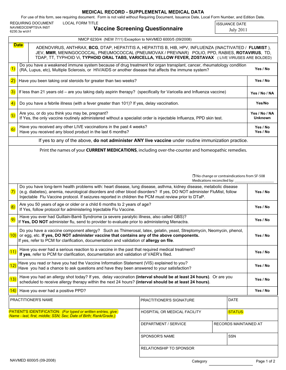 NAVMED Form 6000 / 5 Vaccine Screening Questionnaire, Page 1