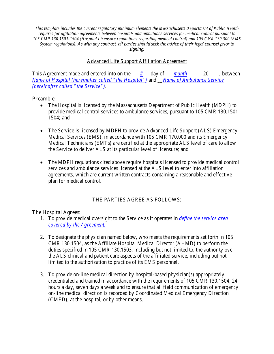 Sample Advanced Life Support Affiliation Agreement Template, Page 1