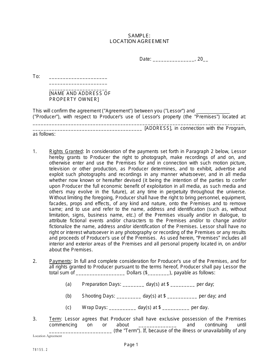 Location Agreement Template, Page 1