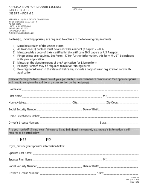 Form 105 (2) Application for Liquor License Partnership Insert - Nebraska