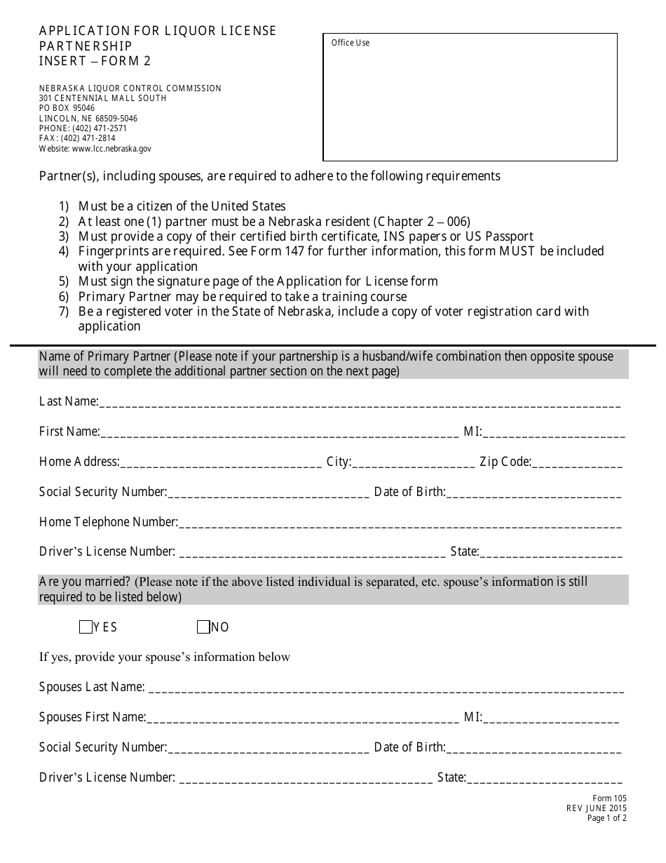 Form 105 (2) Application for Liquor License Partnership Insert - Nebraska, Page 1