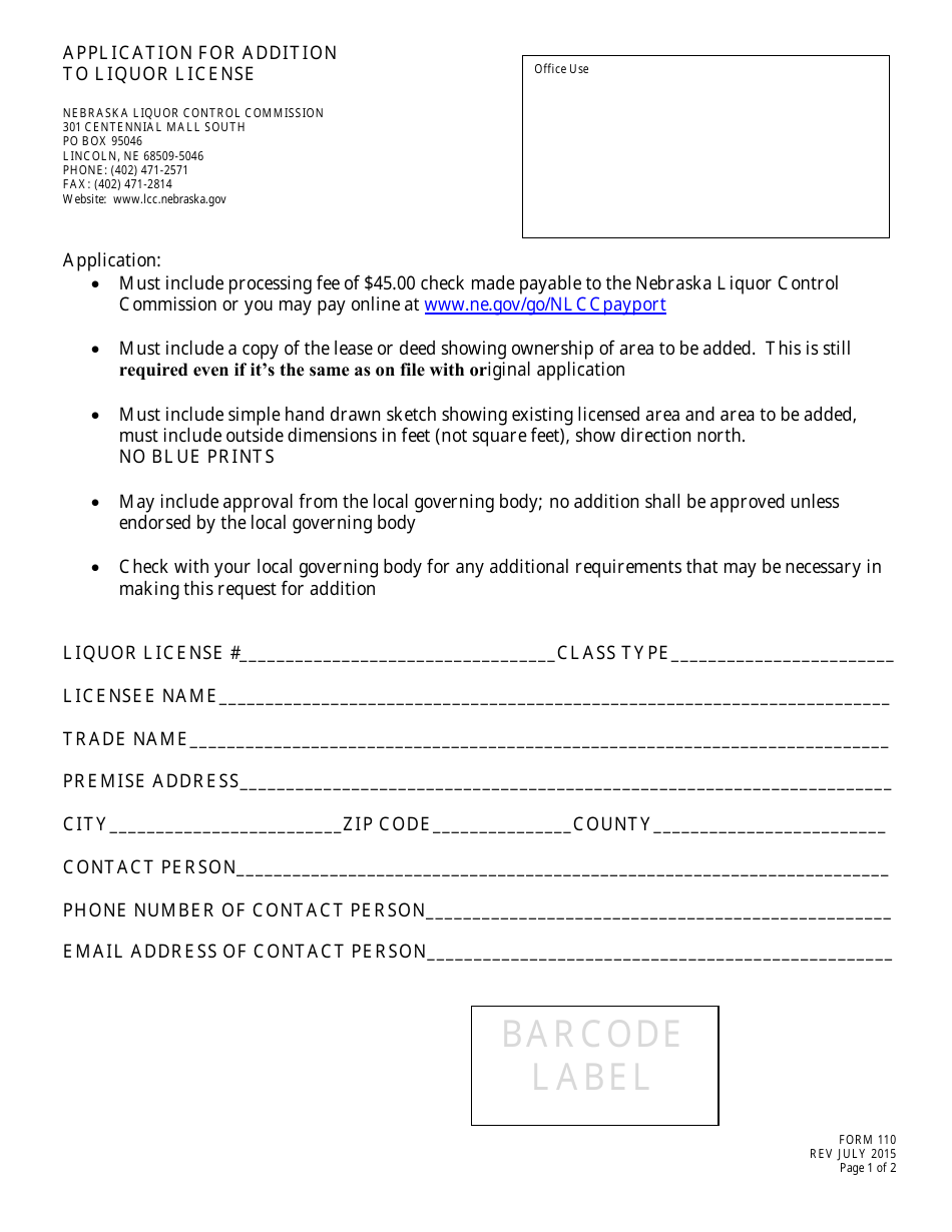 Form 110 Application for Addition to Liquor License - Nebraska, Page 1