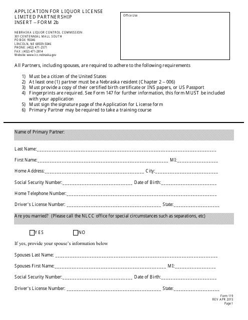 Form 119 (2B) Application for Liquor License Limited Partnership Insert - Nebraska