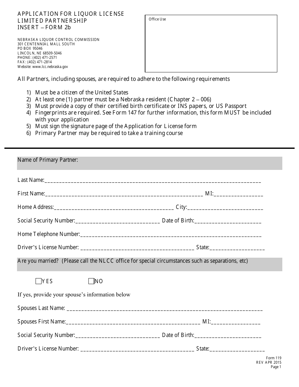 Form 119 (2B) Application for Liquor License Limited Partnership Insert - Nebraska, Page 1