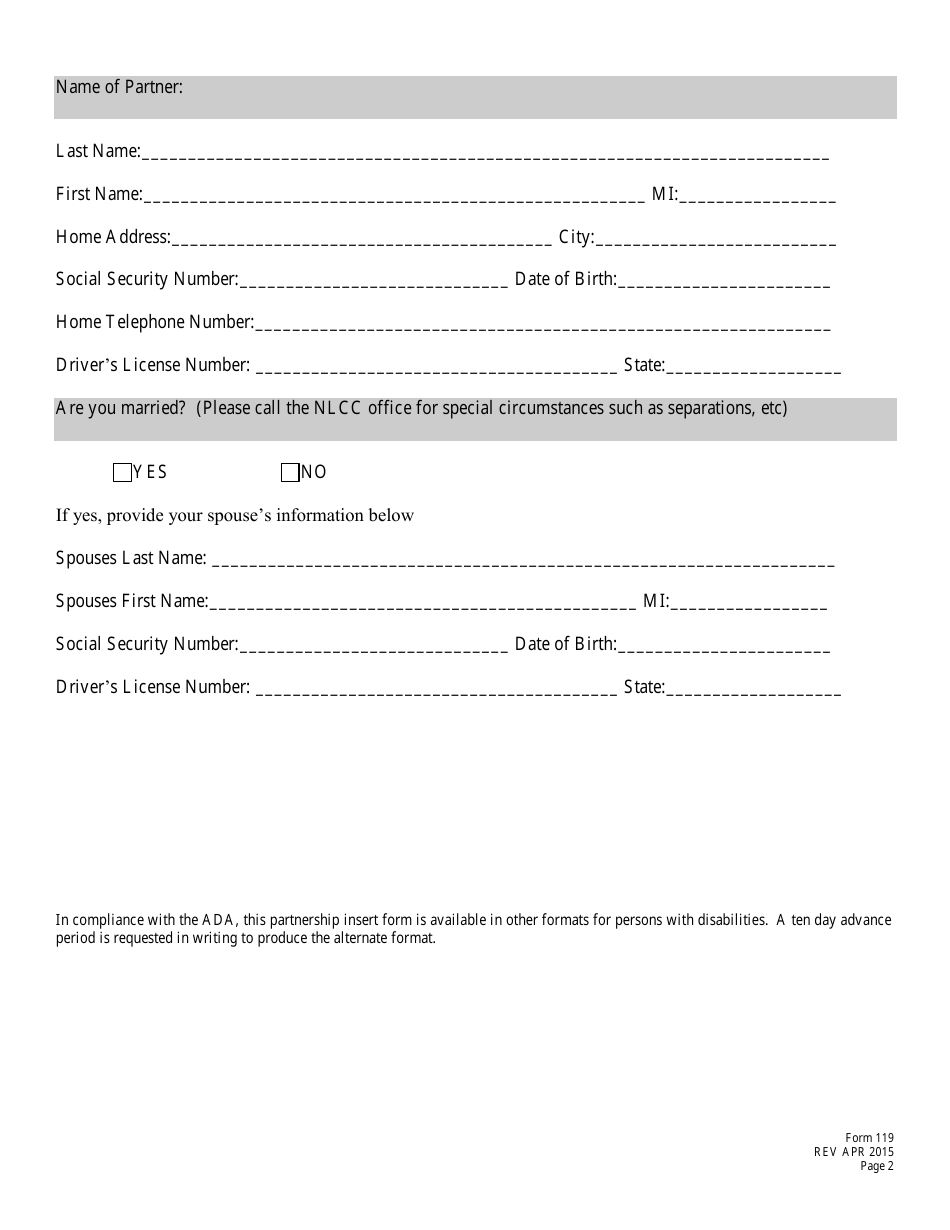 Form 119 (2B) Application for Liquor License Limited Partnership Insert - Nebraska, Page 2