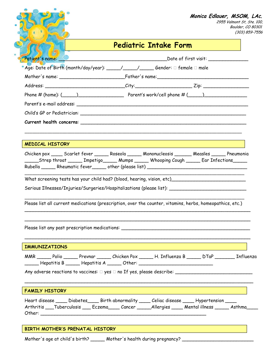 Pediatric Intake Form - Colorado, Page 1