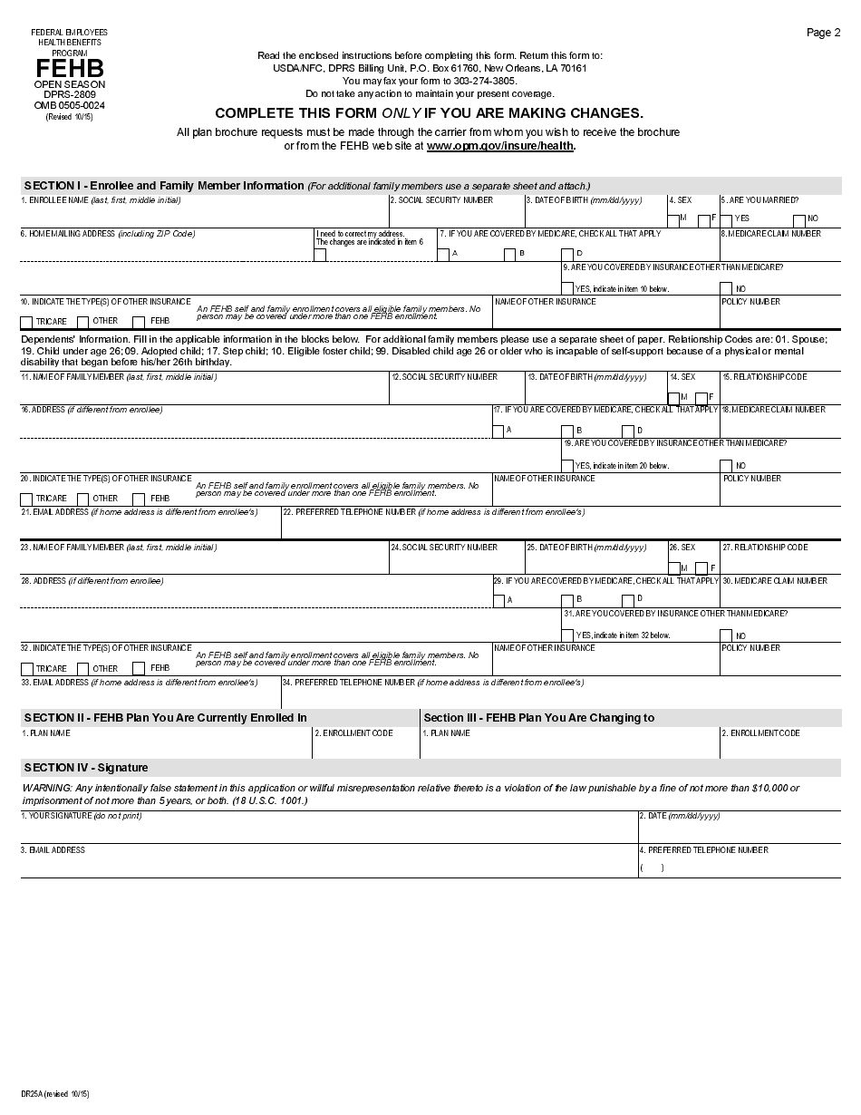 OPM Form DR25A Health Benefits Election Form, Page 1