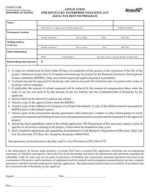 Form 51A200 Application for Kentucky Enterprise Initiative Act (Keia) Tax Refund Program - Kentucky