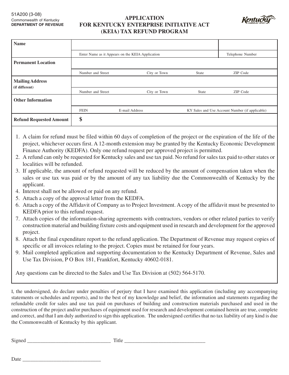 Form 51A200 Application for Kentucky Enterprise Initiative Act (Keia) Tax Refund Program - Kentucky, Page 1