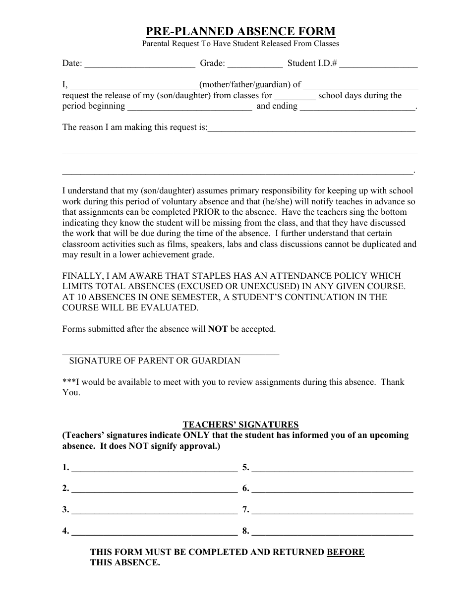 Pre-planned Absence Form, Page 1