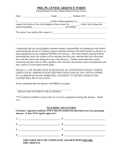 Pre-planned Absence Form Download Pdf