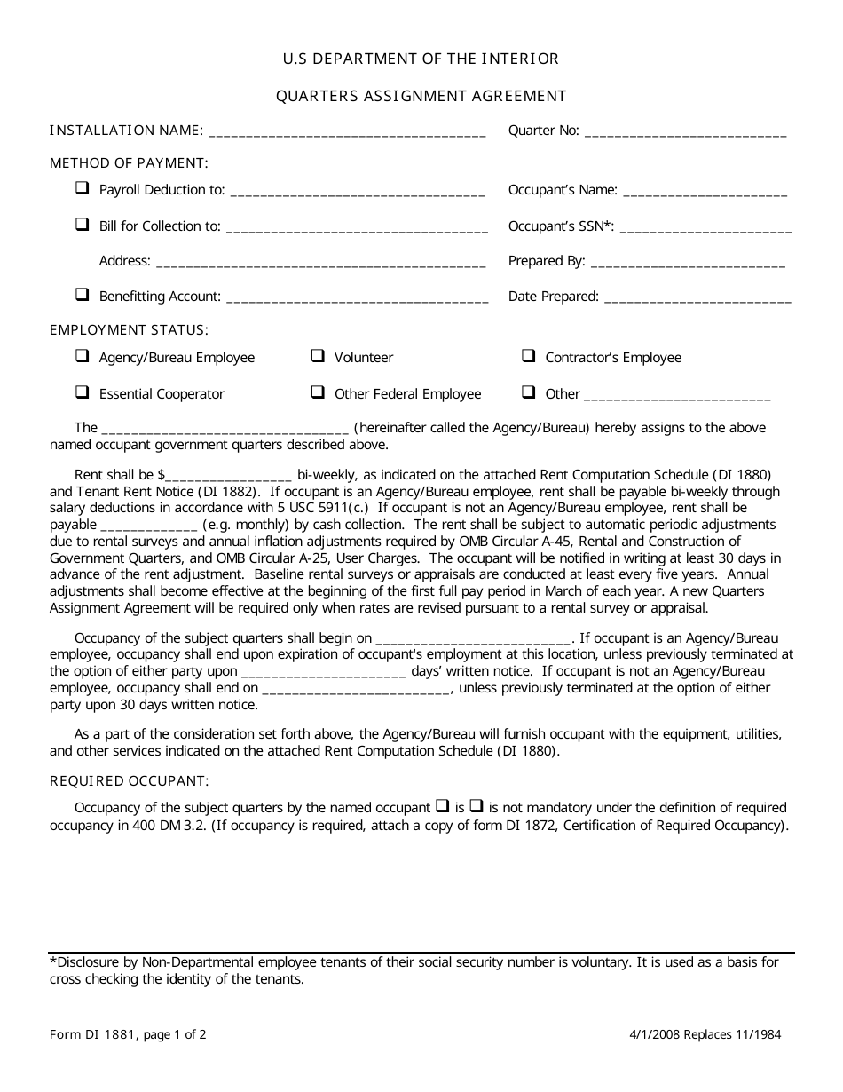 FWS Form DI-1881 Quarters Assignment Agreement, Page 1