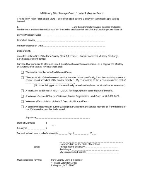 Military Discharge Certificate Release Form - Park County, Montana Download Pdf
