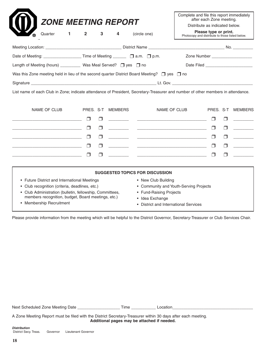 Zone Meeting Report Form, Page 1