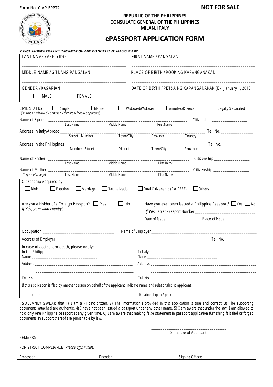 Epassport Application Form - Consulate General of the Philippines - Milan, Italy, Page 1