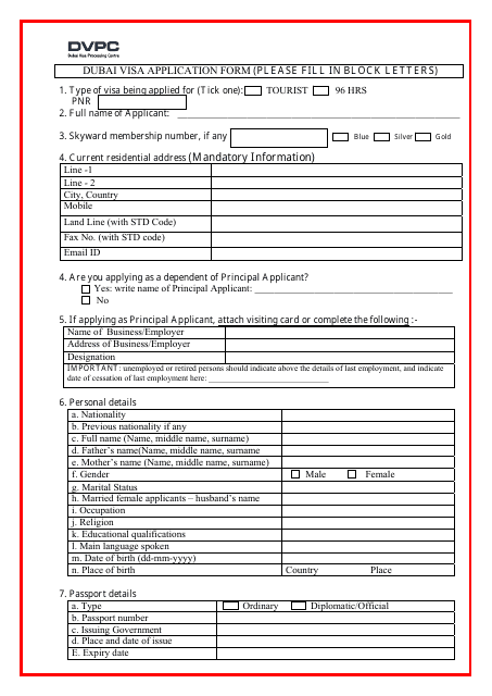 Dubai Visa Application Form